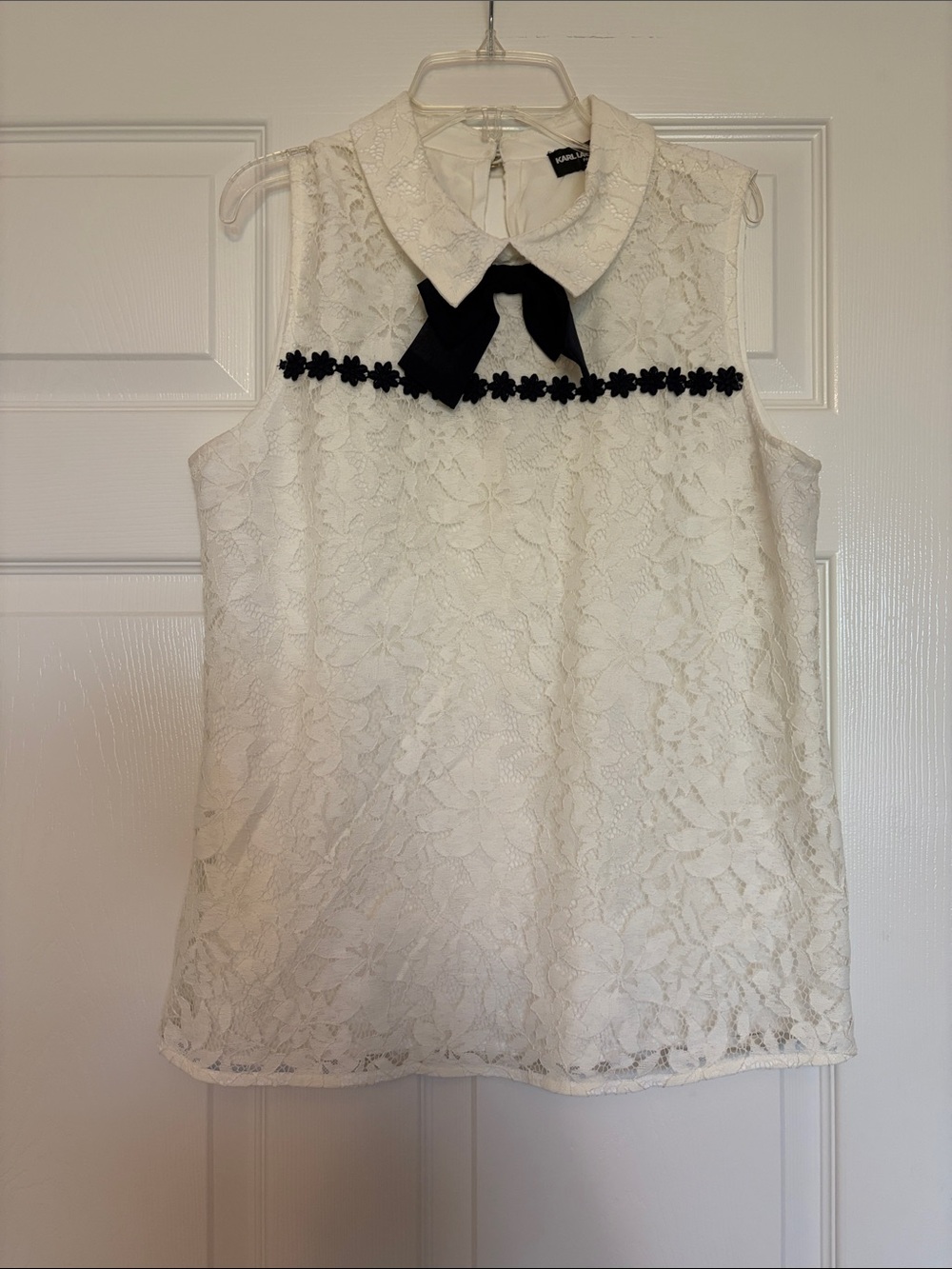 Karl Lagerfeld White Textured Lace Top with Navy Logo Tag